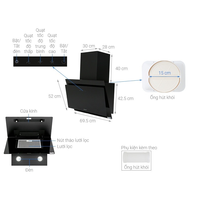 Malloca – Máy hút khói khử mùi MC 7086HS, áp tường dạng nghiêng, công suất 1200m³/h, 3 tốc độ hút 6 Malloca – Máy hút khói khử mùi MC 7086HS, áp tường dạng nghiêng, công suất 1200m³/h, 3 tốc độ hút - Ảnh 4