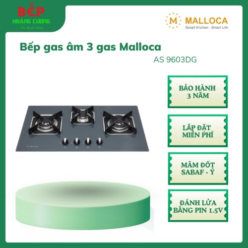 Bếp Gas 3 Lò Âm Malloca AS 9603DG – Thiết Kế Hiện Đại, Kính Cường Lực Xám, Công Suất Cao