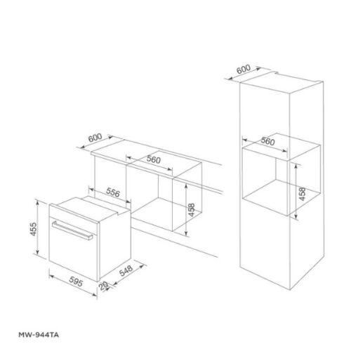 Malloca MW-944TF - Lò Nướng Kết Hợp Vi Sóng – 44L, Mặt Kính Đen, LED Hiển Thị, Thiết Kế Sang Trọng 11 Kích thước của Lò nướng kết hợp vi sóng âm tủ Malloca MW-944TF