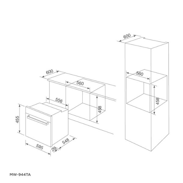 Malloca MW-944TF - Lò Nướng Kết Hợp Vi Sóng – 44L, Mặt Kính Đen, LED Hiển Thị, Thiết Kế Sang Trọng 7 Kích thước của Lò nướng kết hợp vi sóng âm tủ Malloca MW-944TF