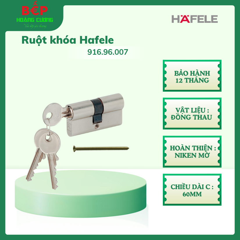 Hafele 916.96.007 ruột khóa 60mm, 2 đầu chìa, chống khoan, lắp đặt dễ dàng, vật liệu đồng thau. 3 Hafele 916.96.007 ruột khóa 2 đầu chìa, 60mm, chất liệu đồng thau cao cấp, an toàn và dễ lắp đặt.