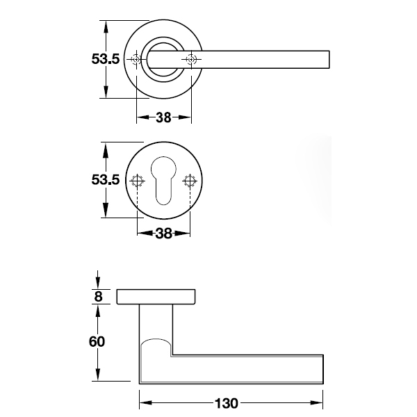 Hafele 903.92.646 tay nắm gạt cửa phòng - inox 304, nắp che, chống cháy, lắp nhanh 9 Kích thước của Tay nắm gạt cửa phòng Hafele 903.92.646