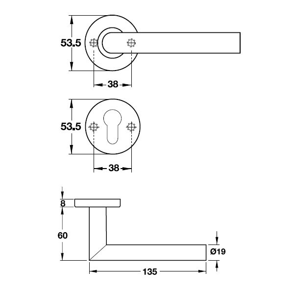 Tay nắm Hafele 903.98.536 cho cửa phòng - inox 316, nắp che, bền chắc, chống ăn mòn 5 Kích thước của Tay nắm gạt cửa phòng Hafele 903.98.536