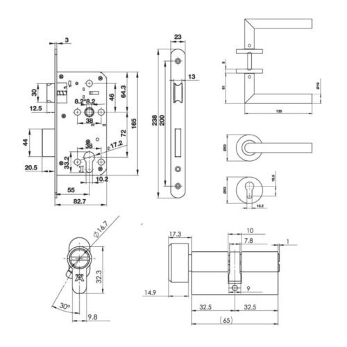 Hafele 489.10.660 – Bộ khóa cửa vệ sinh inox 304, tay nắm bền chắc, phù hợp cửa dày 45mm 7 Kích thước bộ khóa tay nắm cửa vệ sinh Hafele 489.10.660