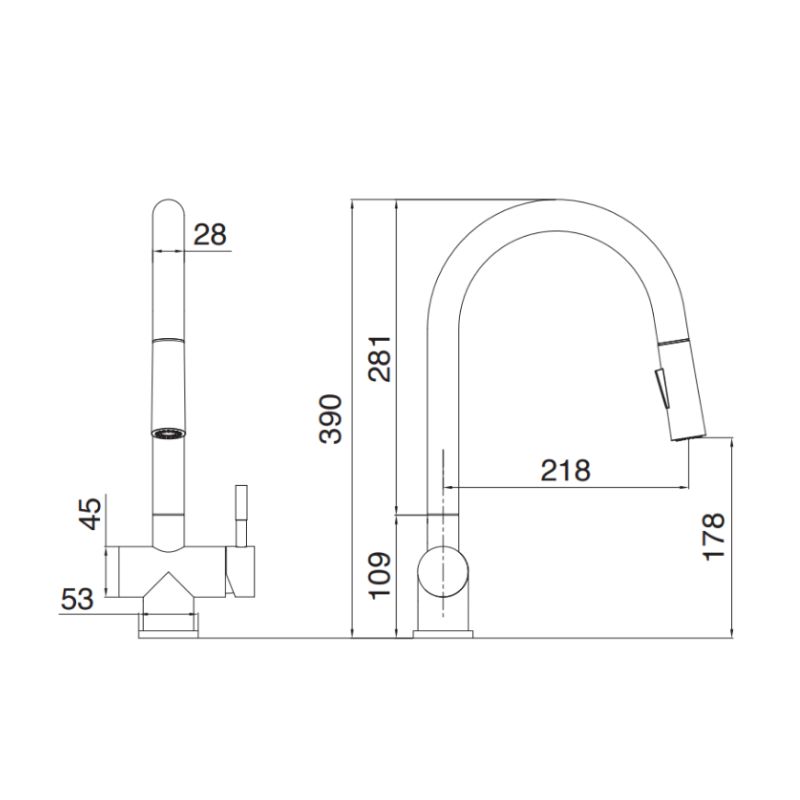 Vòi rửa bát Kluger RENE Series KLF0008B, Hợp kim đồng, Xoay 360 độ, điều chỉnh nóng/lạnh 11 Ảnh 2D Kluger KLF0008B có dây rút