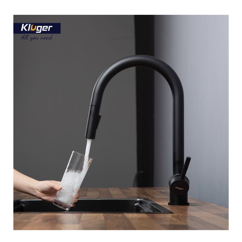 Vòi rửa bát Kluger RENE Series KLF0008B, Hợp kim đồng, Xoay 360 độ, điều chỉnh nóng/lạnh 10 Anh rửa chén Kluger KLF0008B có dây rút