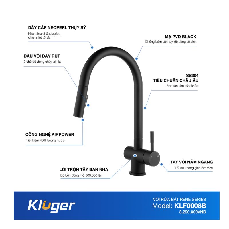 Vòi rửa bát Kluger RENE Series KLF0008B, Hợp kim đồng, Xoay 360 độ, điều chỉnh nóng/lạnh 7 Ảnh thành phần Kluger KLF0008B có dây rút