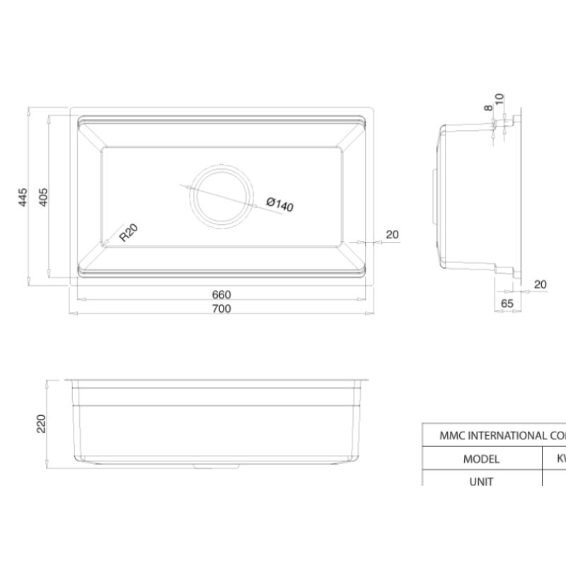 Chậu rửa bát Kluger K600 SERIES KWU8161FS – S70, Bề mặt LINEN dập nổi, Bảo hành 10 năm 8 Kích thước chậu rửa bát 1 hố Kluger KWU8161FS-S70