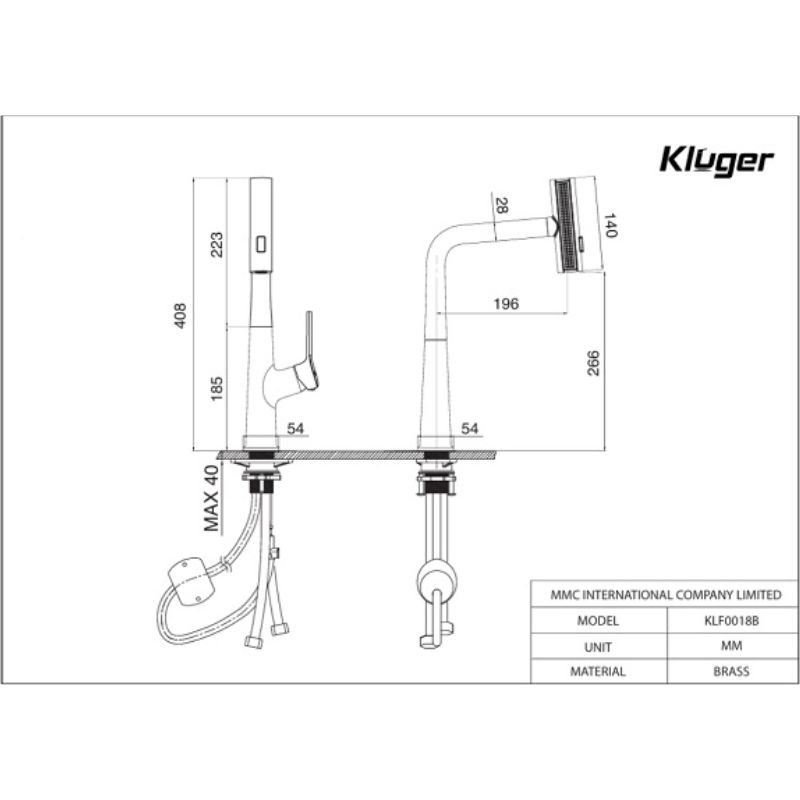 Vòi rửa bát dây rút thế hệ mới Kluger RAIN Series KLF0018S, Xoay 360 độ, 03 chế độ phun nước 9 Kích thước vòi rửa bát nóng lạnh Kluger KLF0018S có dây rút