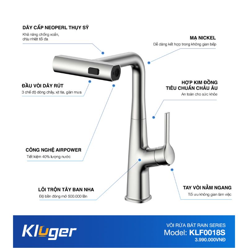 Vòi rửa bát dây rút thế hệ mới Kluger RAIN Series KLF0018S, Xoay 360 độ, 03 chế độ phun nước 8 Thông số Kluger KLF0018S có dây rút